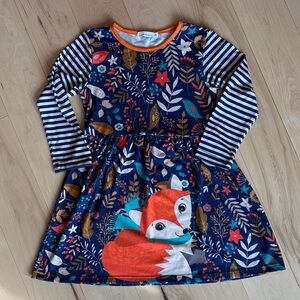 Charming Fox Print Kids Dress with Striped Sleeves